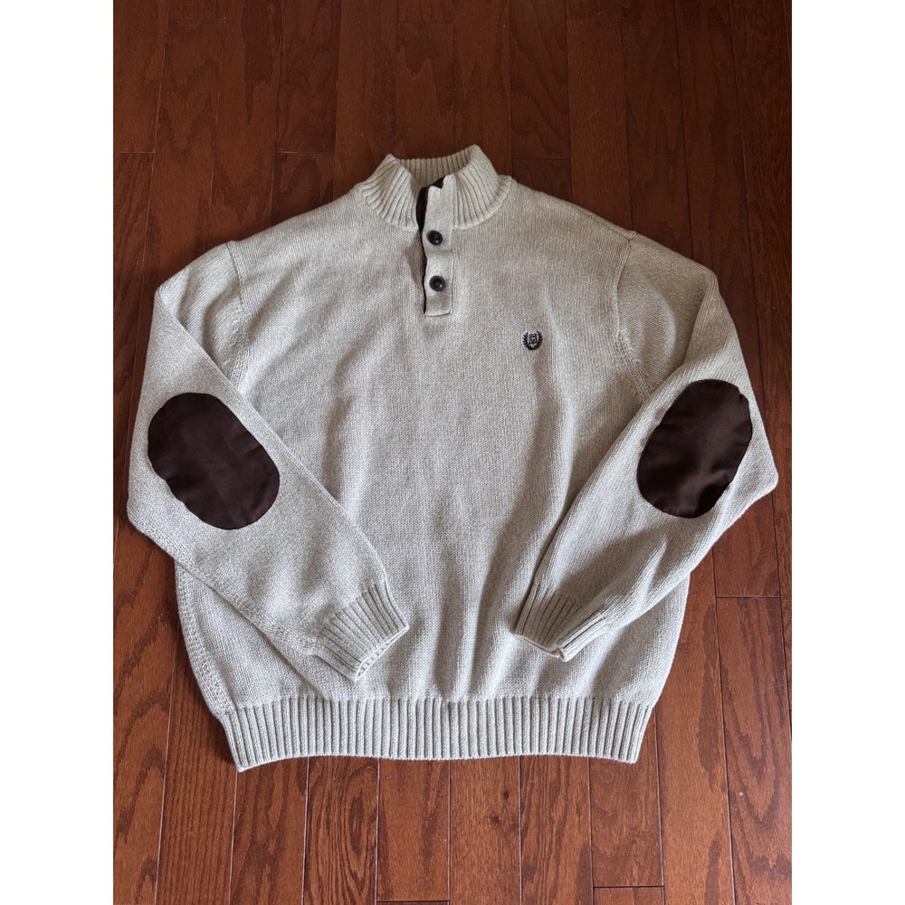 Chaps Mens XXL Beige Mock Neck Button Sweater Elbow Patches Oatmeal Heather